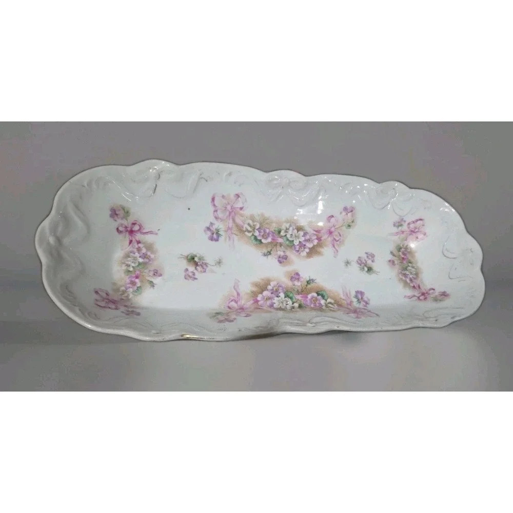 Vintage Porcelain Flowers &‎ Bows Celery Serving/Trinket Tray 12.5x 5 Lilac Pink